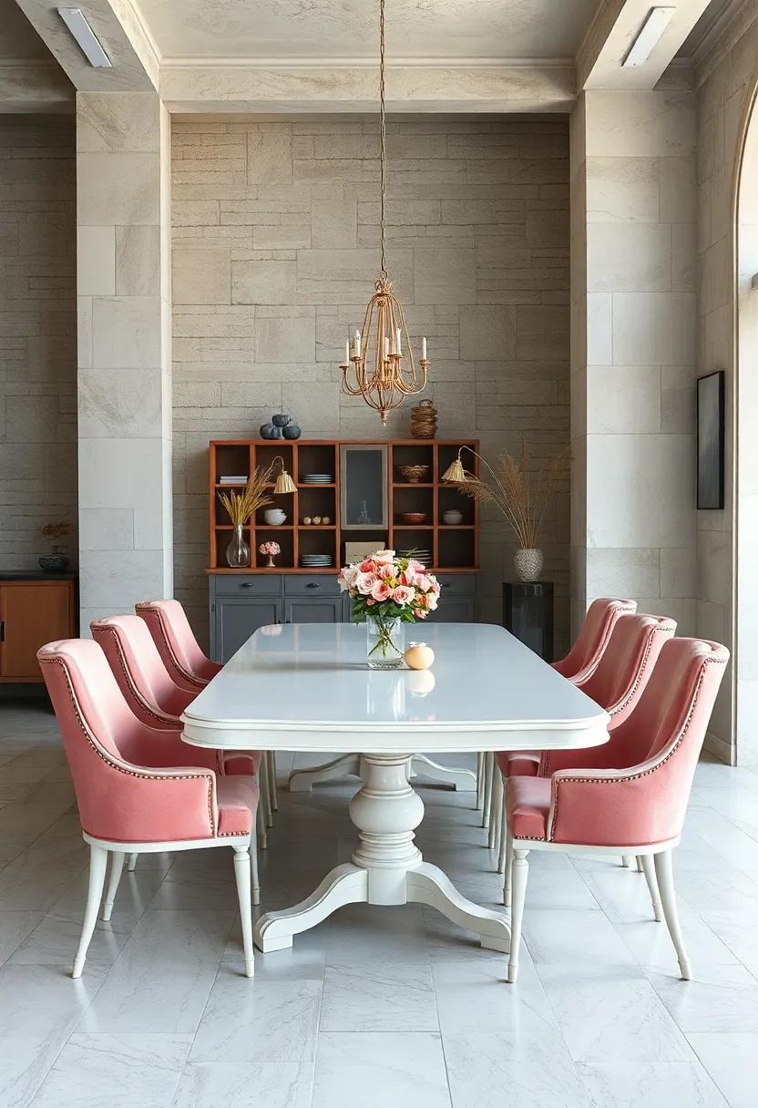 A Vintage White Dining Table Surrounded by Soft Pastel Chairs for a Romantic Dining Experience