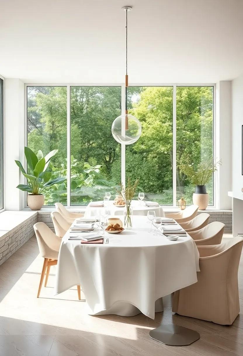 White Dining Tables Against Large Windows Overlooking Greenery to Foster a Connection with Nature