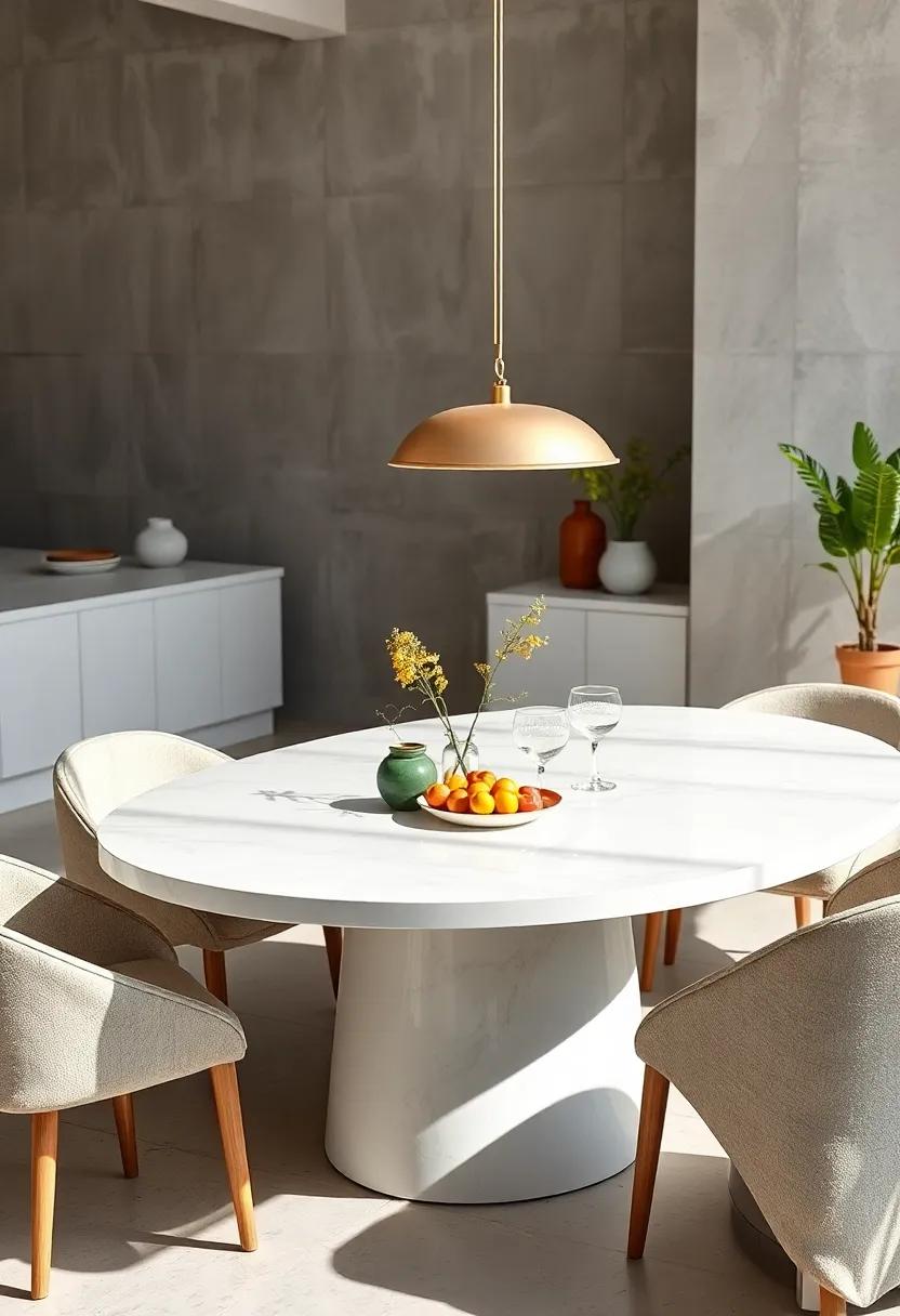 White Dining Tables Designed with Rounded Edges to Soften the Aesthetic and Encourage Casual Dining