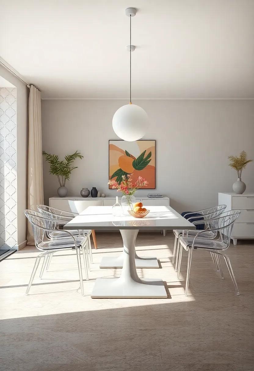 White Dining Tables Accompanied by Transparent Chairs for an Airy and Light-Filled Dining Area