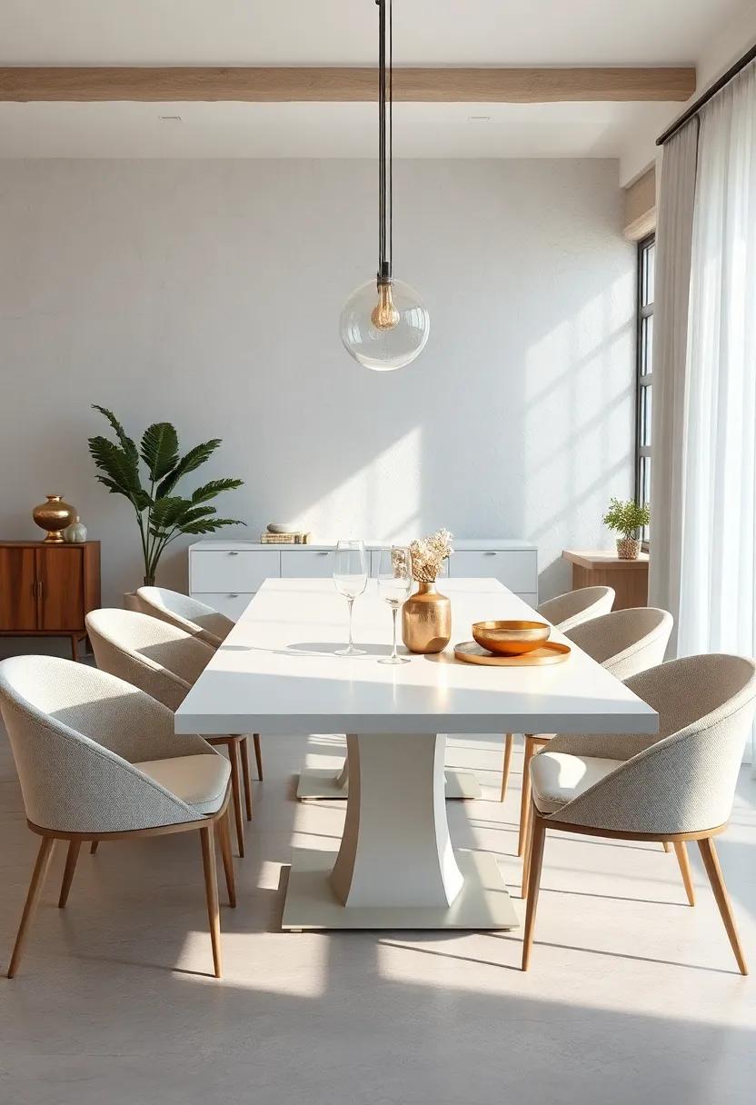 White Dining Tables Styled with Metallic Accessories for a Glamorous Yet Understated Dining Ambiance