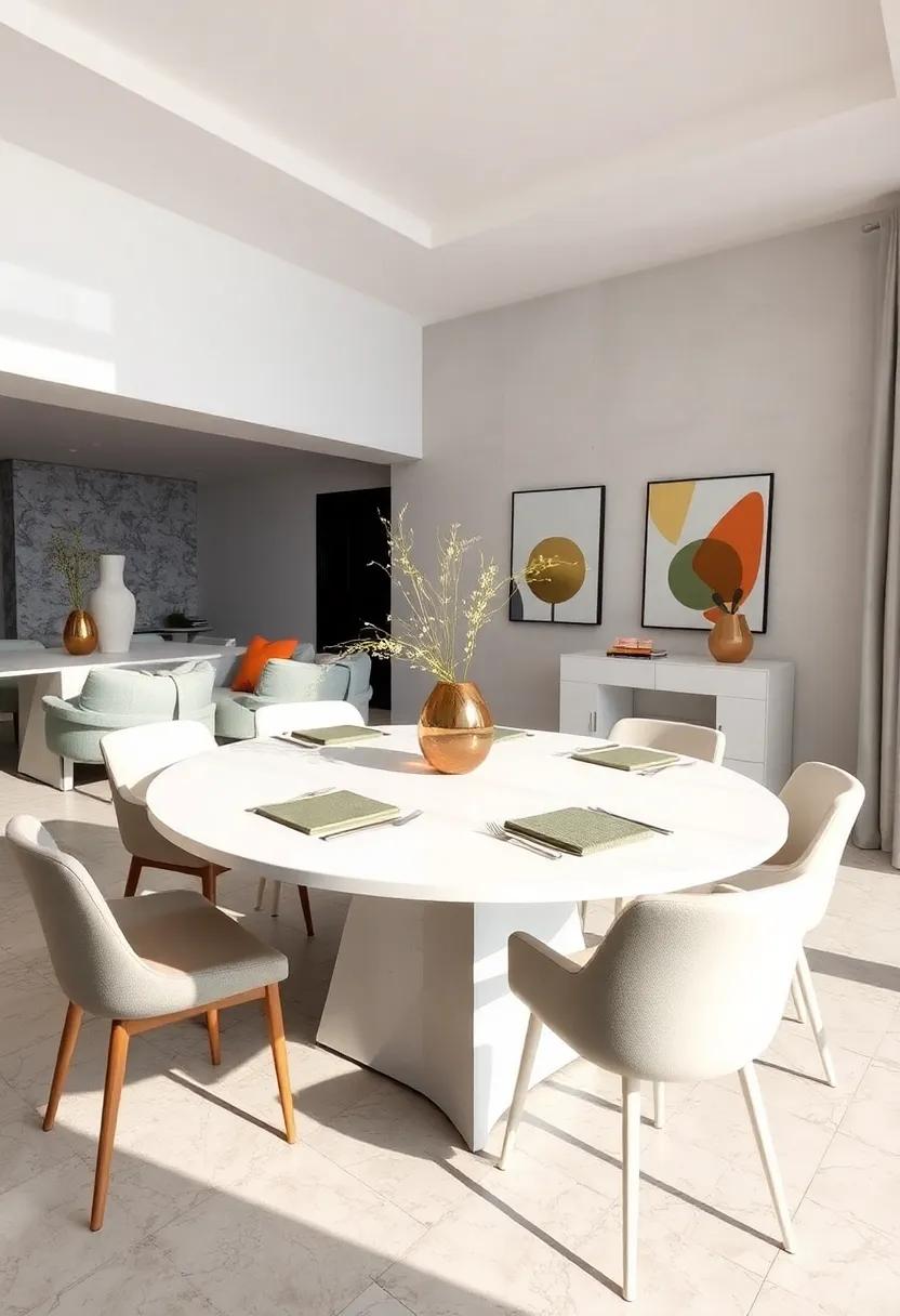 White Dining Tables Paired with Bold Geometric Centerpieces for a Contemporary Artistic Statement