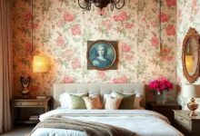 Timeless Charm: Elegant Vintage Bedroom with Floral Walls and Antique Chandeliers
