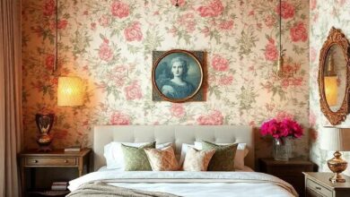 Timeless Charm: Elegant Vintage Bedroom with Floral Walls and Antique Chandeliers