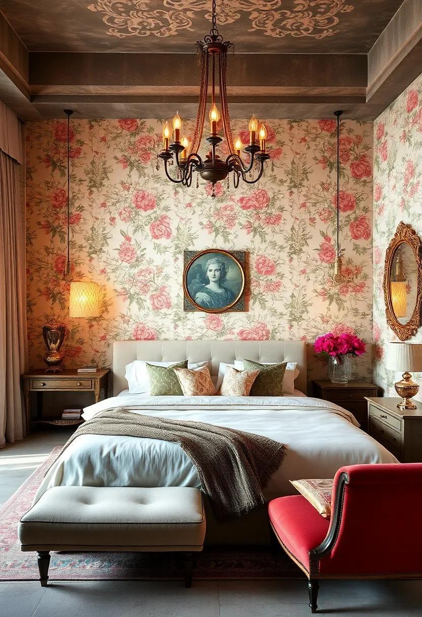 Timeless Charm: Elegant Vintage Bedroom with Floral Walls and Antique Chandeliers
