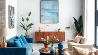 Elegant Harmony: Designing a Living Room with Blue and Brass Accents