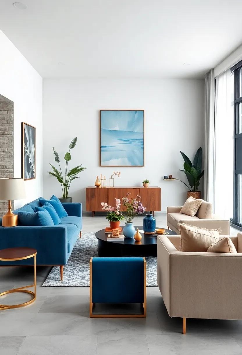 Elegant Harmony: Designing a Living Room with Blue and Brass Accents