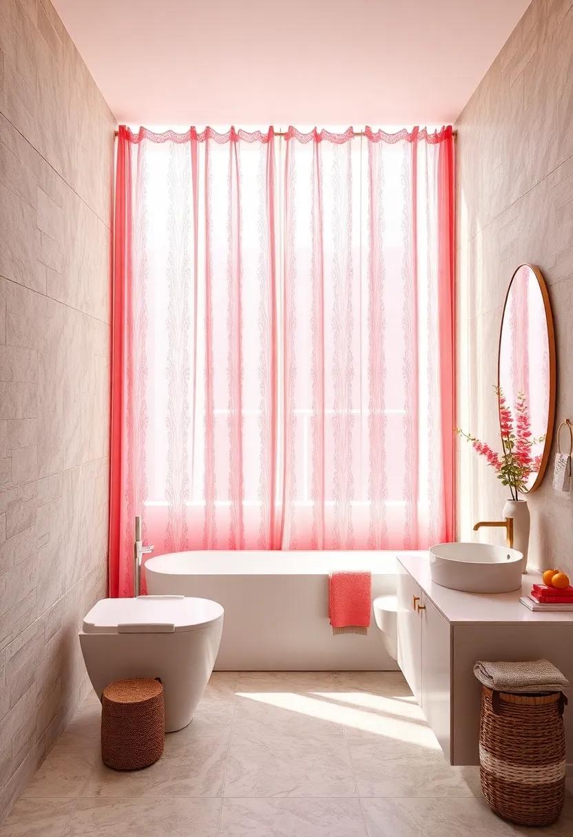 Blush Bathroom Curtains with Sheer Patterns Allowing Soft Natural Light to Filter Through