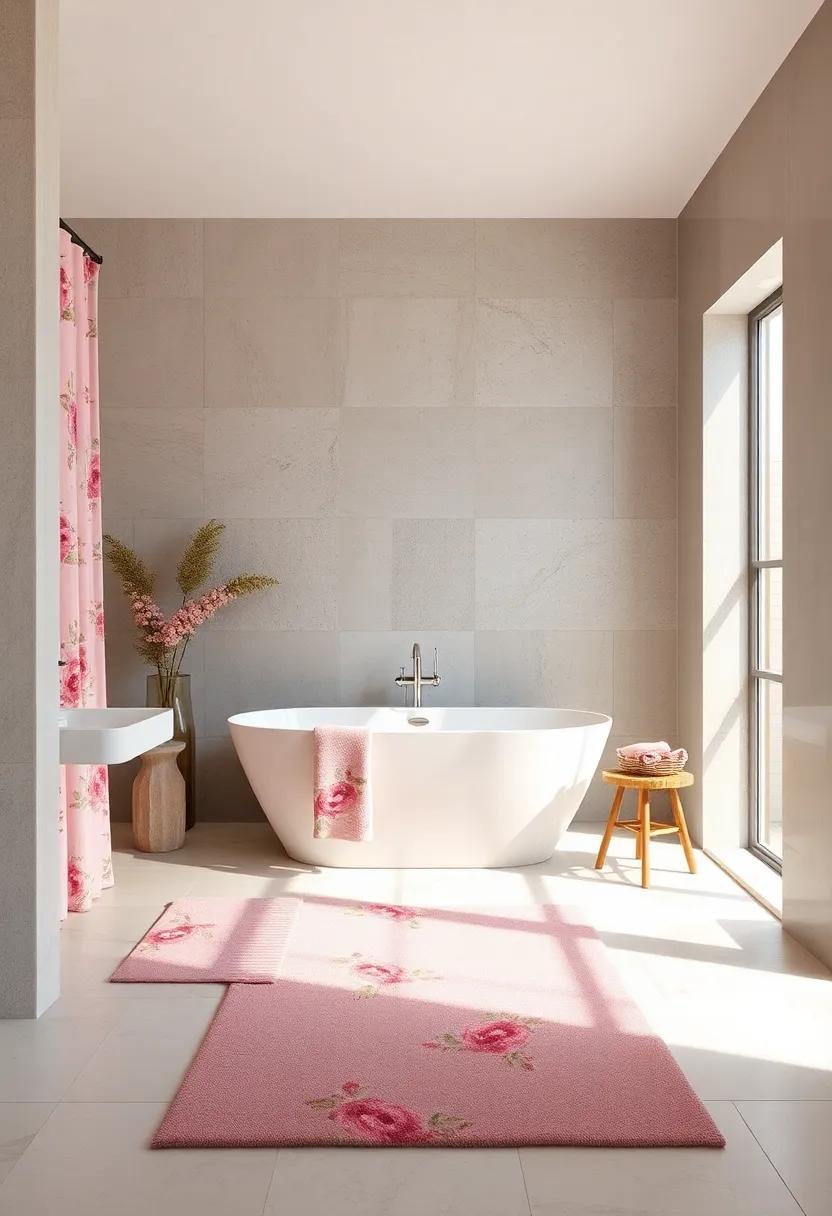 Blush Pink Floral Patterns on Shower Curtains and Rugs Adding Subtle Playfulness