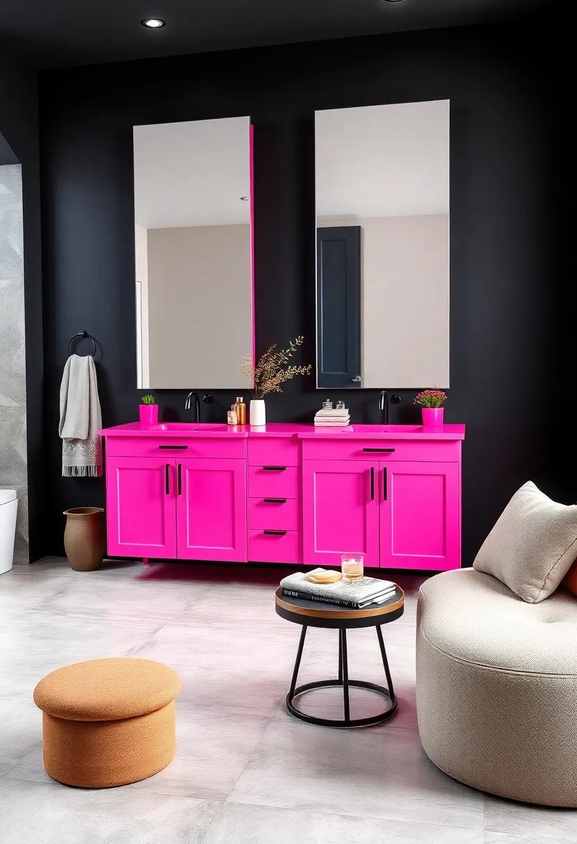 Bold Pink Vanity Units Against Matte Black Walls for a Sophisticated Contrast Effect