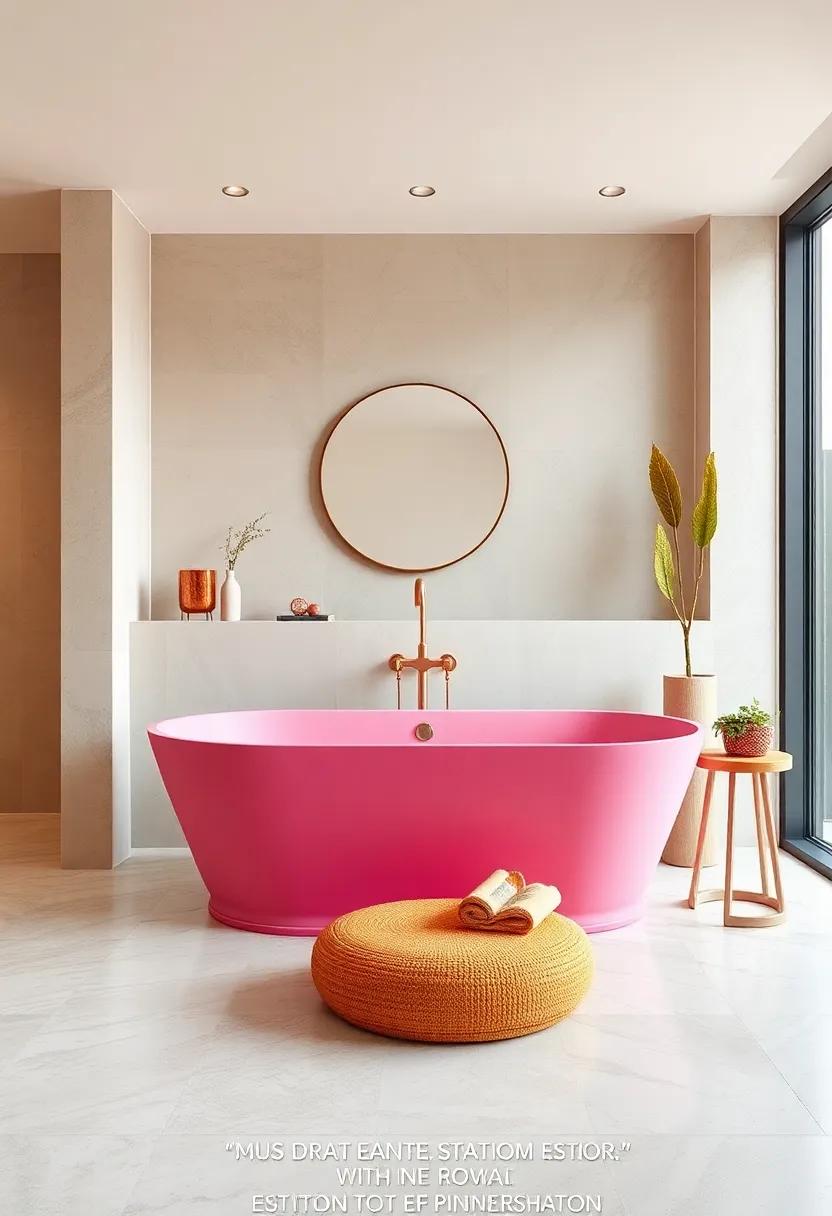 A Bold Pink Freestanding Tub as a Statement Piece in Spacious Bathroom Interiors