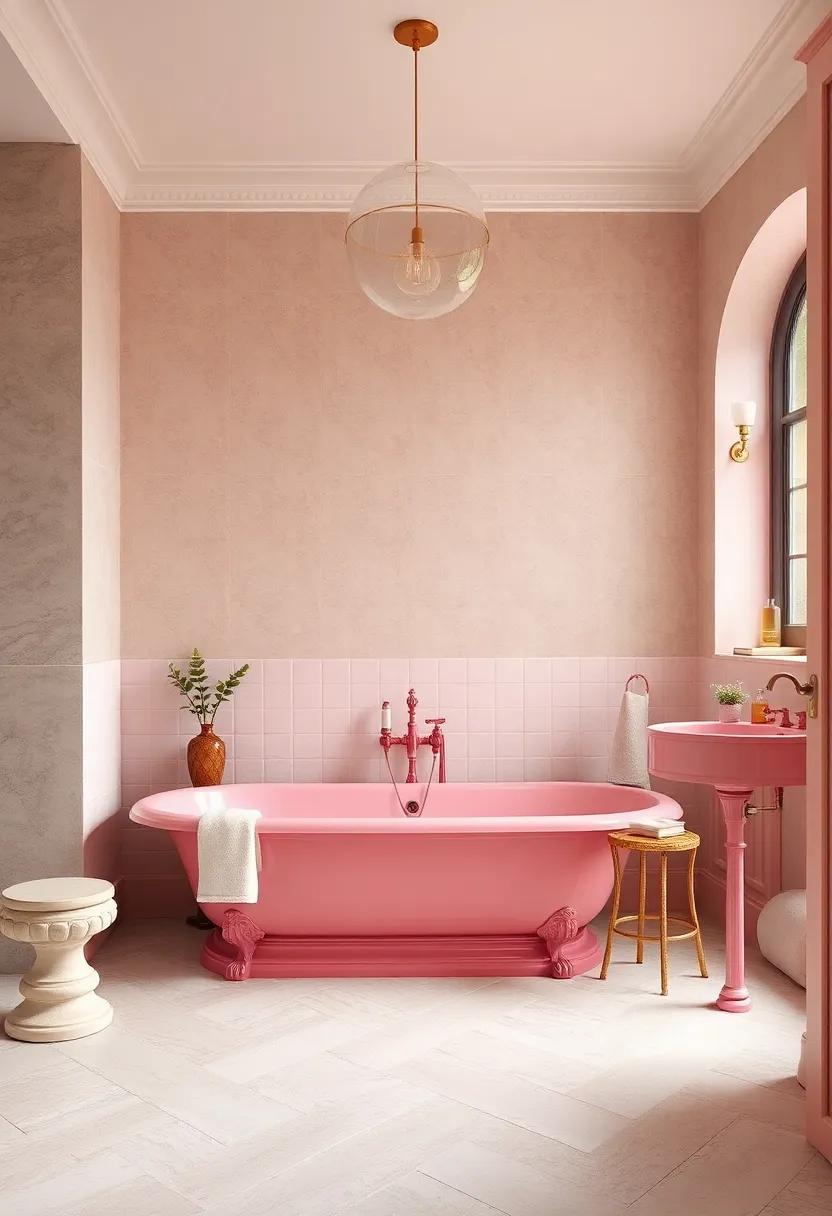 Classic Victorian Bathroom Designs Reimagined with Bold Pink Porcelain Sinks and Tubs