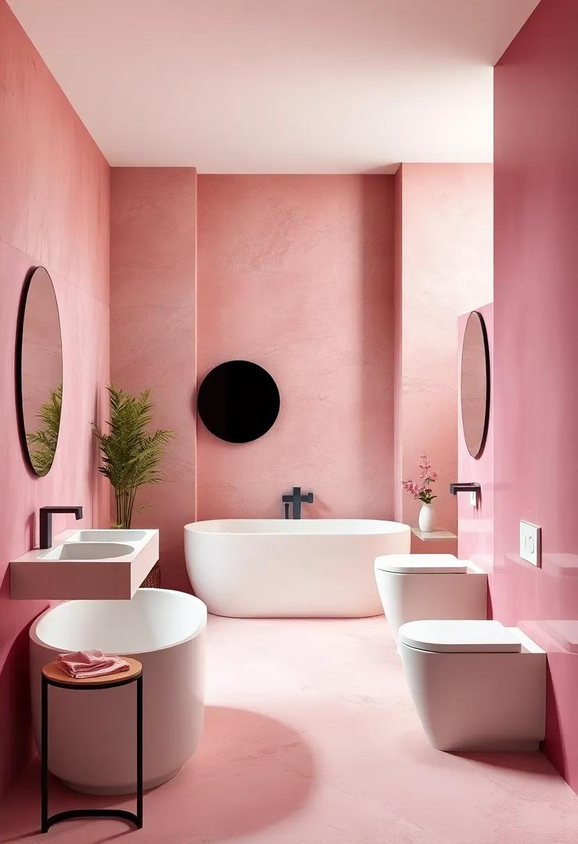 Combining Matte and Glossy Pink Surfaces for a Textured and Dynamic Bathroom Design