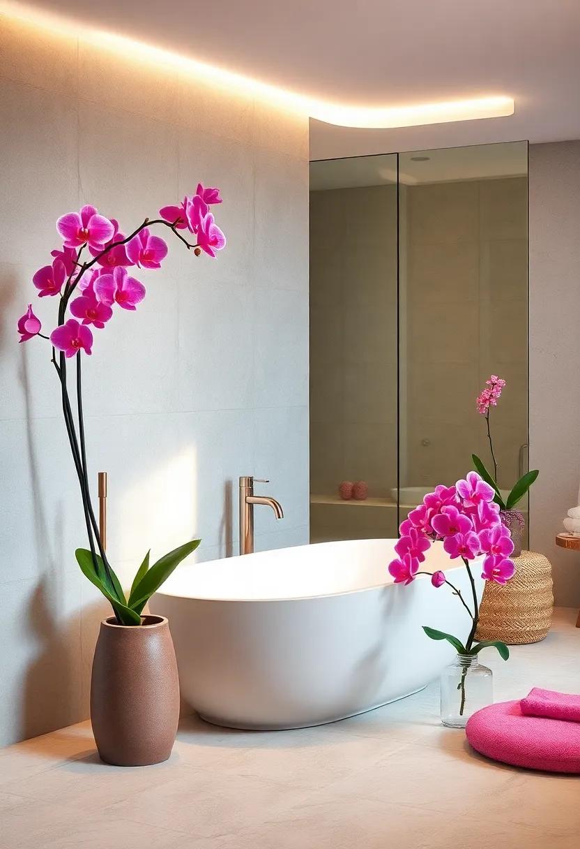 Delicate Pink Orchid Arrangements Complementing Contemporary Bathroom Designs Beautifully
