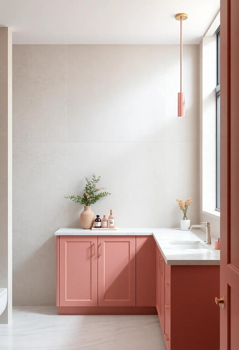 Muted Rose Pink Cabinets Contrasted Against Crisp White Marble Countertops and Floors