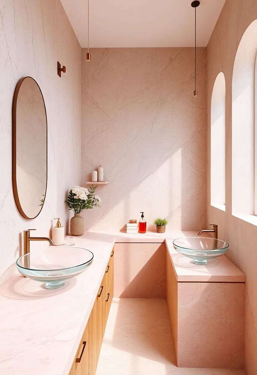 Pink Marble Countertops Coupled With Crystal Clear Basins for a Chic Bathroom Look