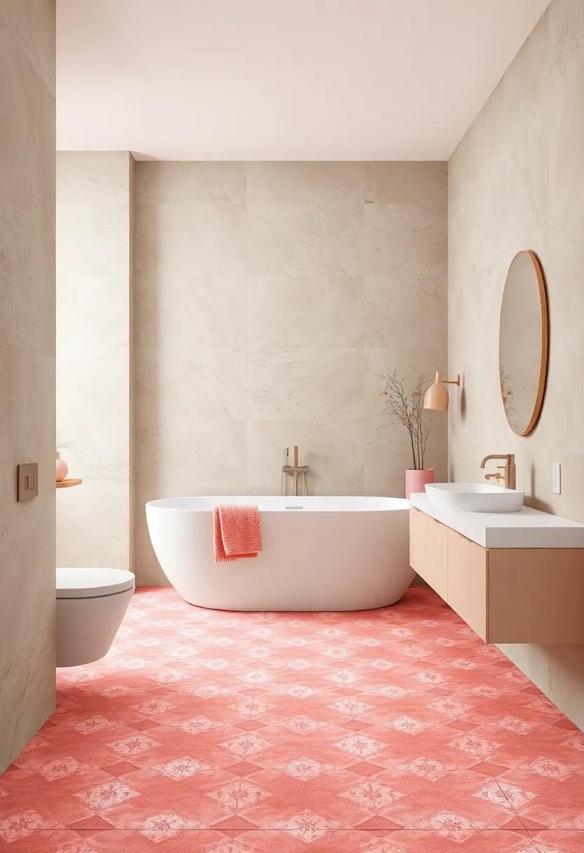Playful Pink Geometric Patterns on Floor Tiles Floating Against Smooth Neutral Walls