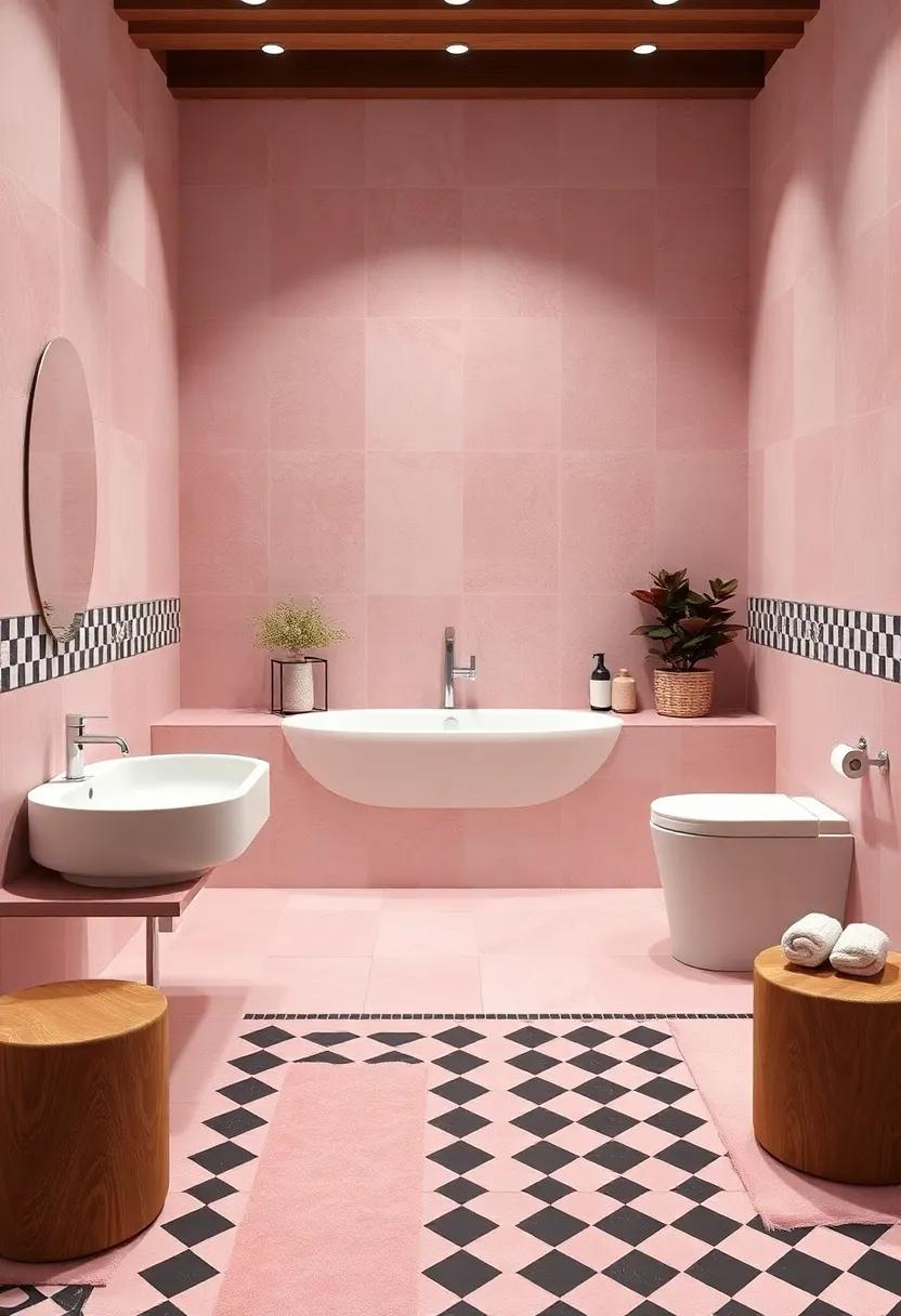 Smooth Pink Porcelain Floor Surfaces Paired With Black and White Checkerboard Accents
