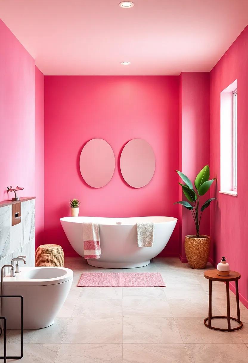 Vivid Pink Accent Walls Bringing Life and Warmth to Contemporary Minimalist Bathrooms