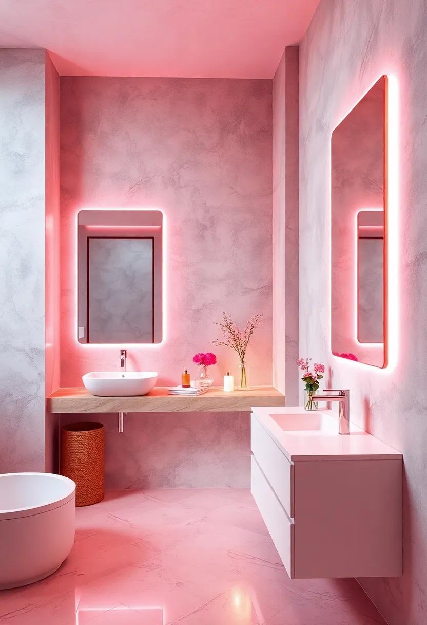 Warm Pink Lighting Effects Enhancing Bathroom Mirrors and Creating an Inviting Glow