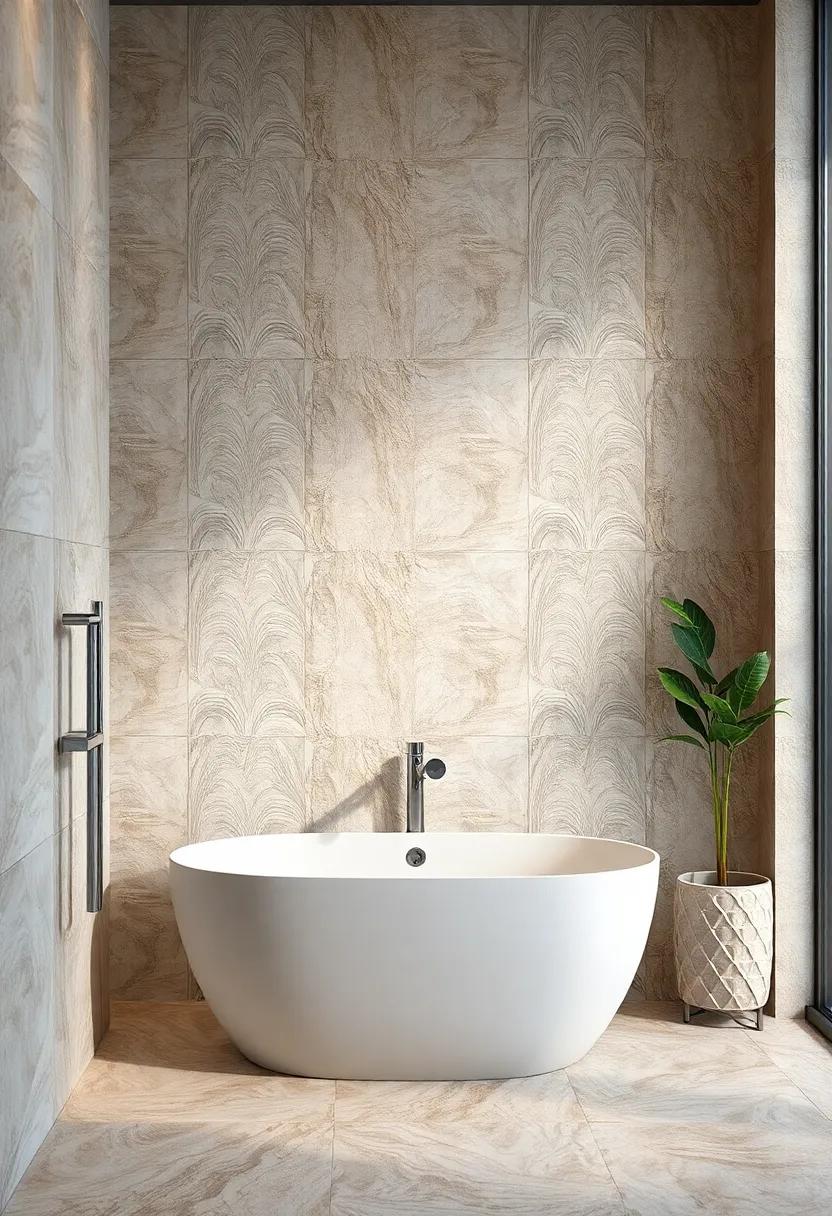 Glossy Ceramic Tiles With Delicate Relief Patterns Inviting Touch and Light Play in Bathroom Walls