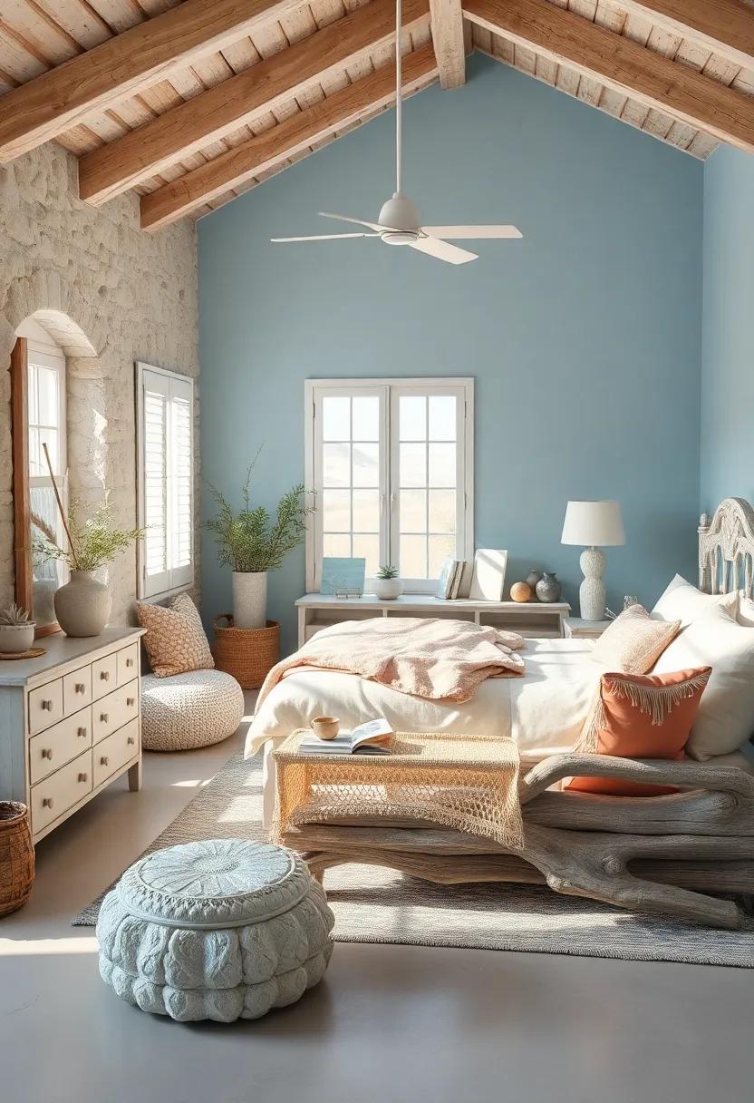 Serene Beach Cottage Bedroom With Weathered Driftwood Furniture And Soft Pastel Blue Walls Bathed In Natural Light