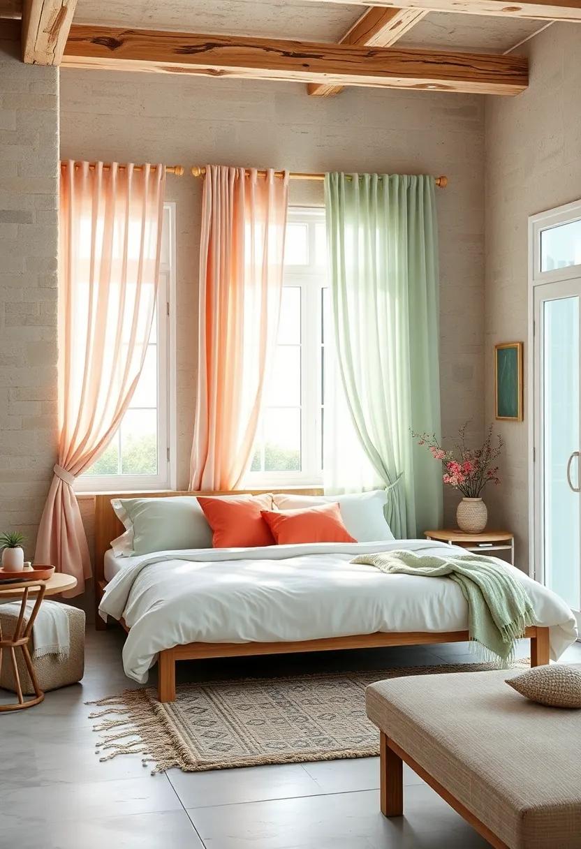 Delicate Drapery In Muted Coral And Seafoam Green Flowing Through Windows Of A Cozy Coastal Bedroom Retreat