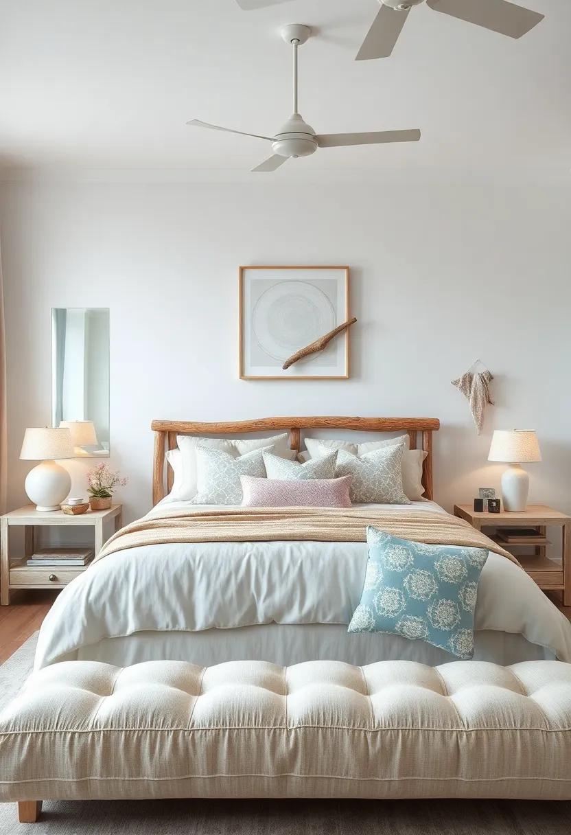 Whispered Soft Pastels Melding Into Driftwood Bedside Accessories And Ocean-Inspired Cushions In An Elegant Beach Room