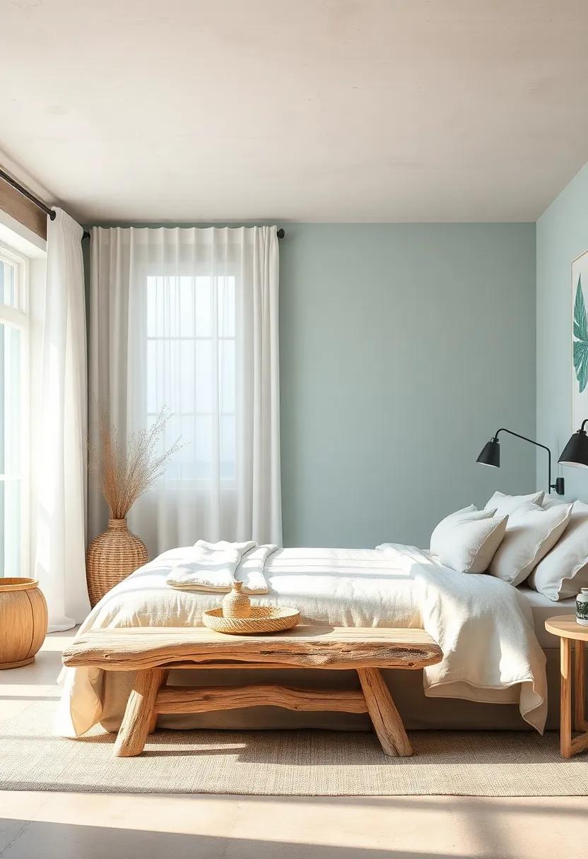 Coastal Bedroom Scene Featuring Driftwood Bench, Pale Aqua Walls, And Light Diffused Through Linen Curtains