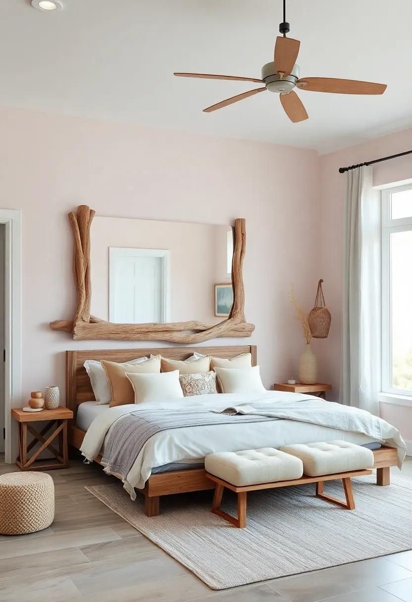 Rustic Driftwood Mirror Reflecting Soft Mint And Blush Toned Walls In A Spacious Beach Cottage Bedroom