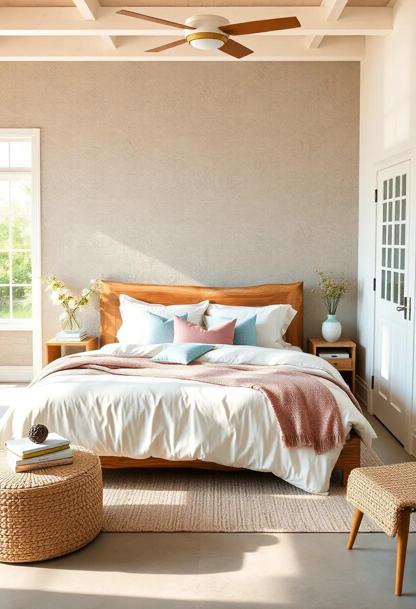 Soft Blush and Powder Blue Bedding Layered Over a Rustic Driftwood Platform Bed in a Sunlit Beachside Cottage