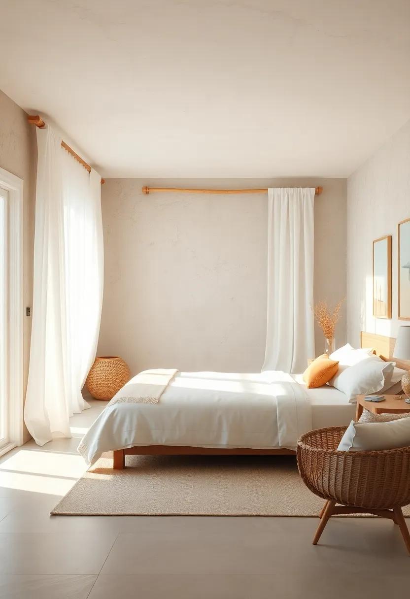 Light-Drenched Breeze Flowing Through White Sheer Curtains With Driftwood Curtain Rods Framing A Soft Sand Bedroom