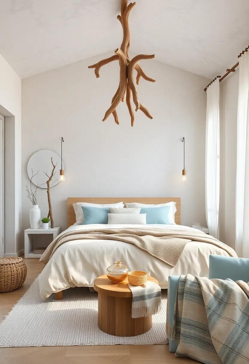 Relaxing Coastal Bedroom With Driftwood Pendant Lighting Tied Together By Soft Sand And Powder Blue Textiles