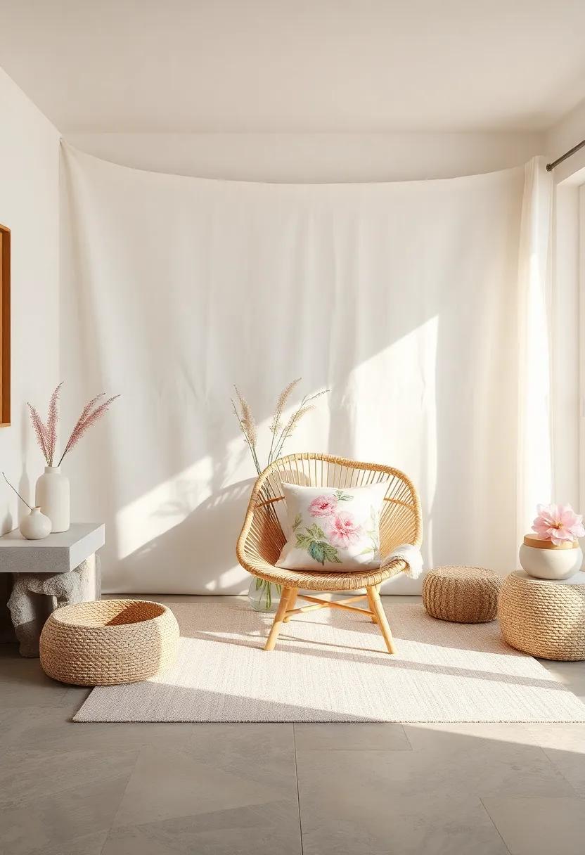 Sunlit Bedroom Featuring Driftwood Bed Frame Surrounding Plush White Linen And Pastel Pink Pillows