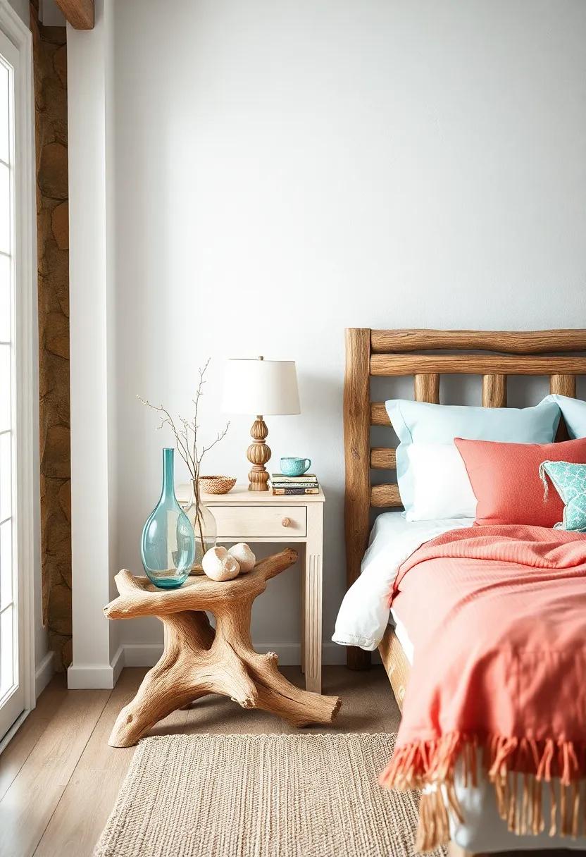 Uncluttered Driftwood Side Table Displaying Sea Glass Vases Against A Calming Palette Of Pastel Blue And Coral Shades