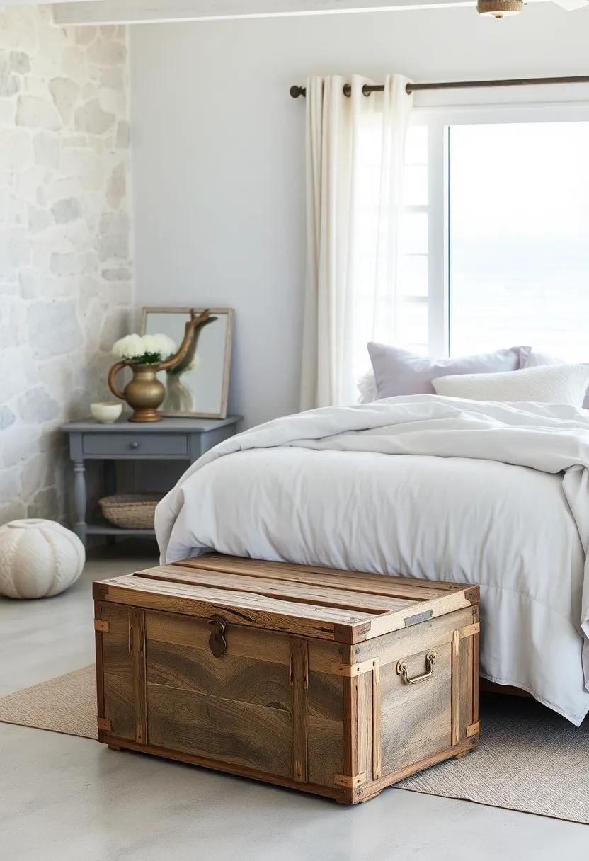 Vintage Driftwood Trunk At The Foot Of A Bed Draped In Soft Lilac And Cream Quilts With Blurred Ocean View