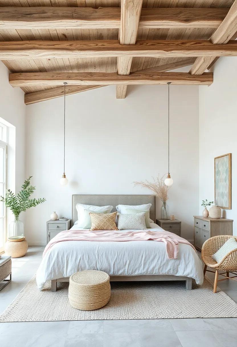 Serene Pastel Palette Of Lavender, Soft Peach, And Mint Enveloping A Crisp White Room With Driftwood Ceiling Beams