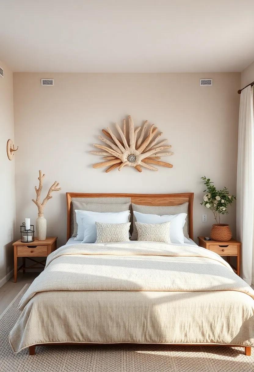 Soft Pastel Hues Blending Seamlessly Into Sandy Beige Walls With Handcrafted Driftwood Wall Art Above A Rustic Headboard