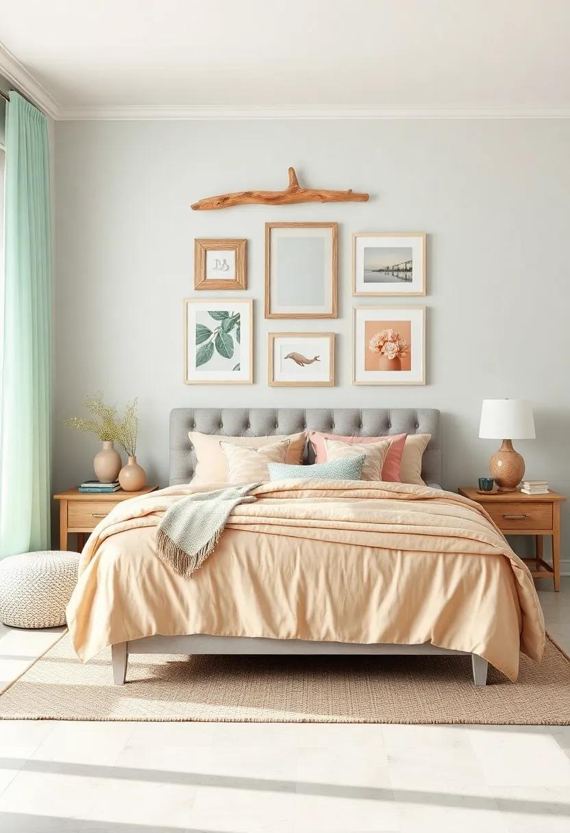 Pastel Mint And Peach Bedroom Decorations Complementing a Driftwood Picture Frame Gallery Wall in a Serene Coastal Setting