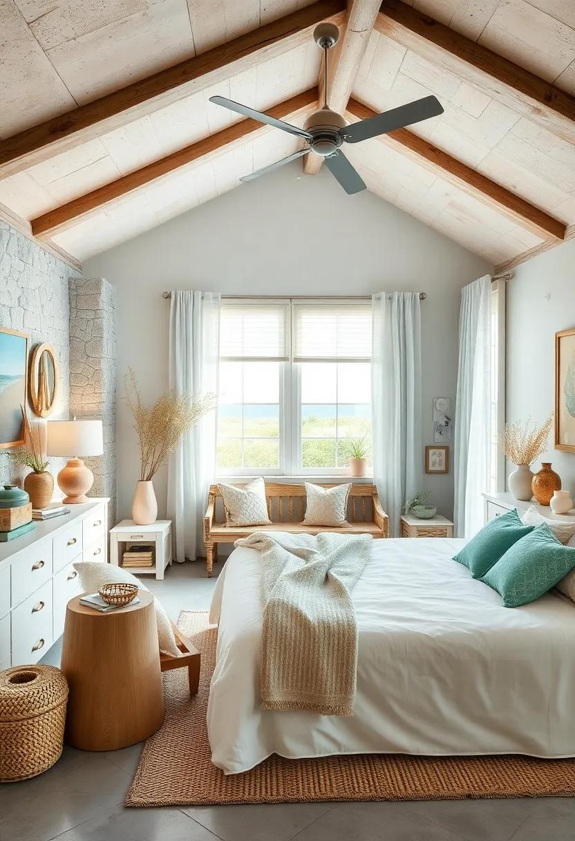 Driftwood-Accented Bedroom With Gentle Hues of Seafoam Green, Cream, and Coral Creating Tranquil Coastal Ambiance