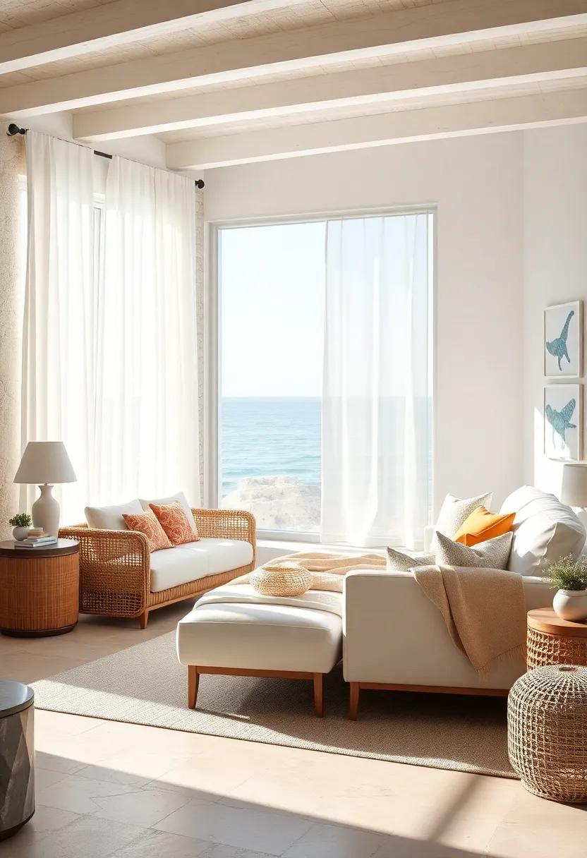 Serene Morning Light Streaming Through Sheer Curtains Onto Soft White Furniture And Ocean-Inspired Decor Accents