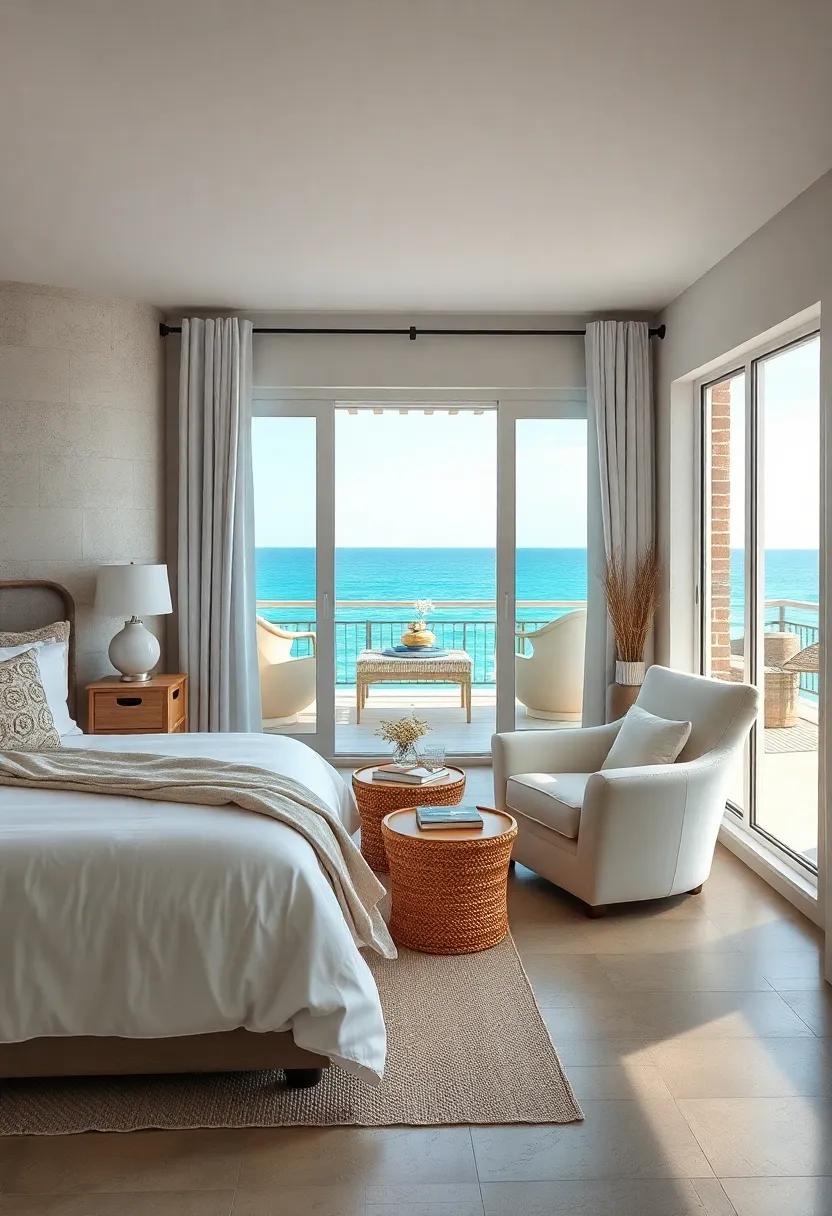 A Cozy Reading Nook Featuring A Creamy White Armchair Overlooking A Balcony With Ocean Views And Nautical Decor