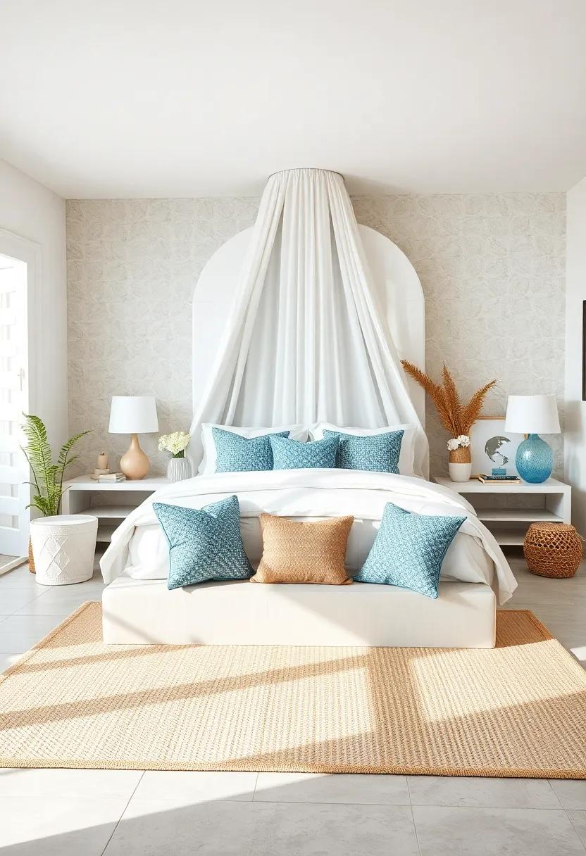 A White Linen Canopy Draping Softly Around A Bed Framed By Ocean Blue Throw Pillows And Sandy Beige Rugs