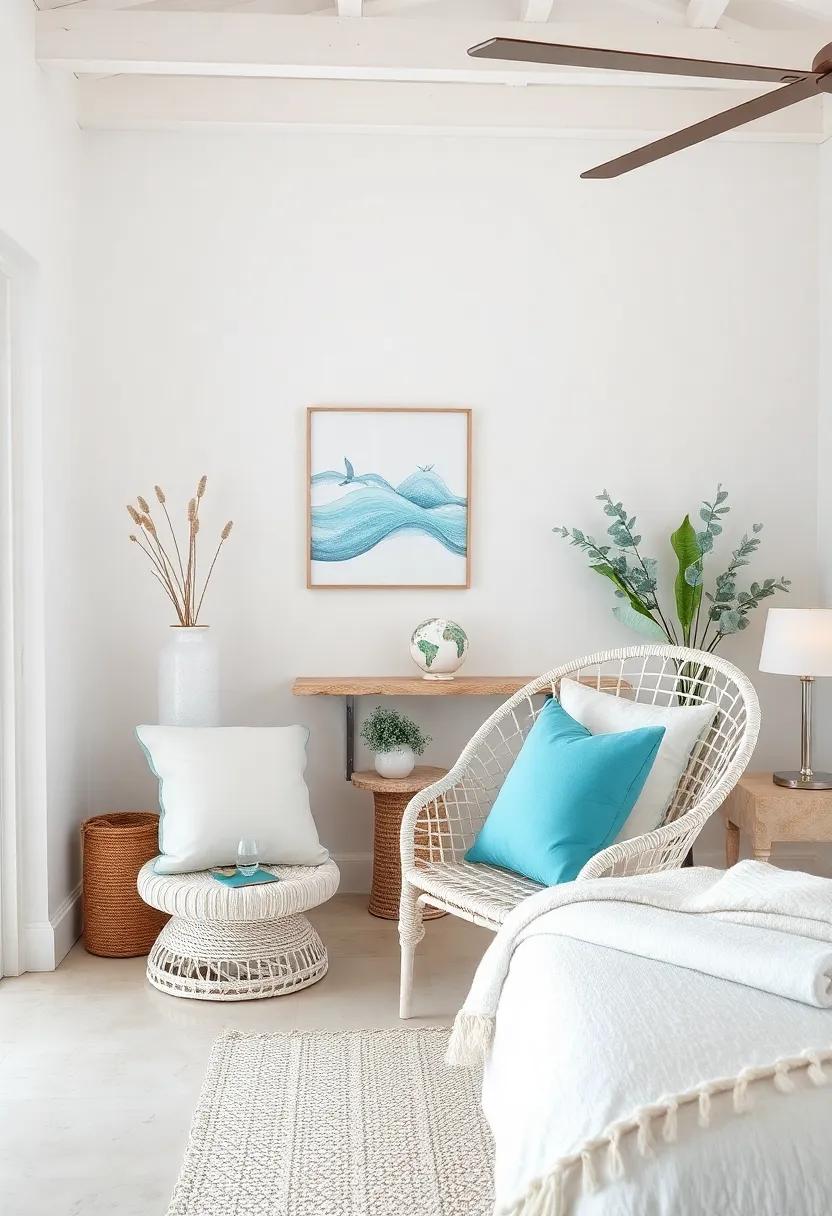 A Tranquil Bedroom Corner Featuring Whitewashed Rattan Chair Surrounded By Aquamarine And Soft White Cushions