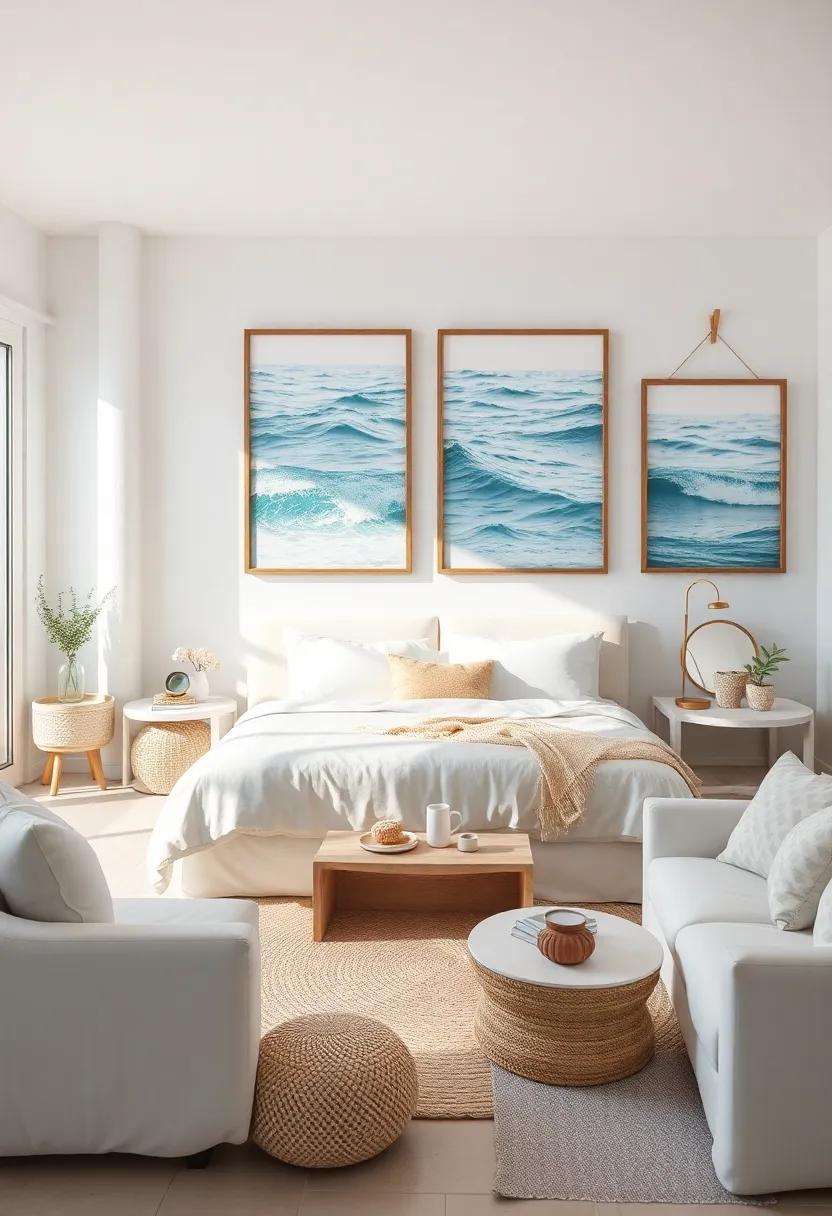 A Peaceful Bedroom Scene With White Furnishings Surrounded By Large Framed Photographs Of Calm Ocean Waves