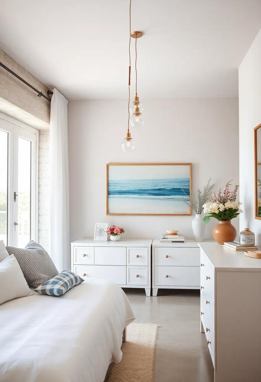 Delicate Pendant Lighting With Glass Shades Resembling Sea Glass Hanging Over A Minimalist White Dressers