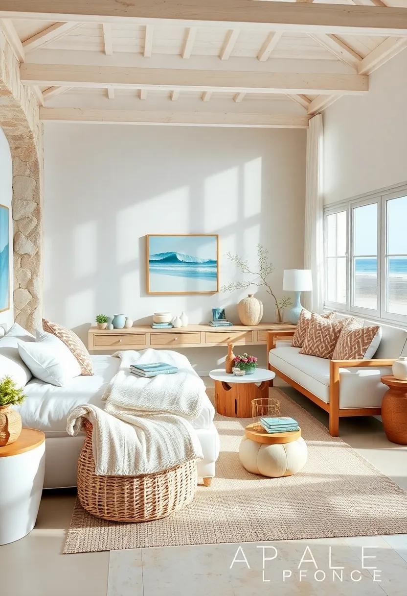 Seaside Natural Elements Like Seashells And Coral Arranged Elegantly On Whitewashed Wooden Nightstands