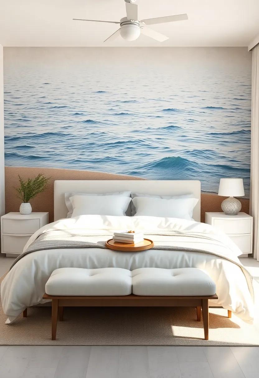 Gentle Waves Painted In Muted Blue And Sand Tone Mural Creating A Tranquil Backdrop Behind Plush White Bedding