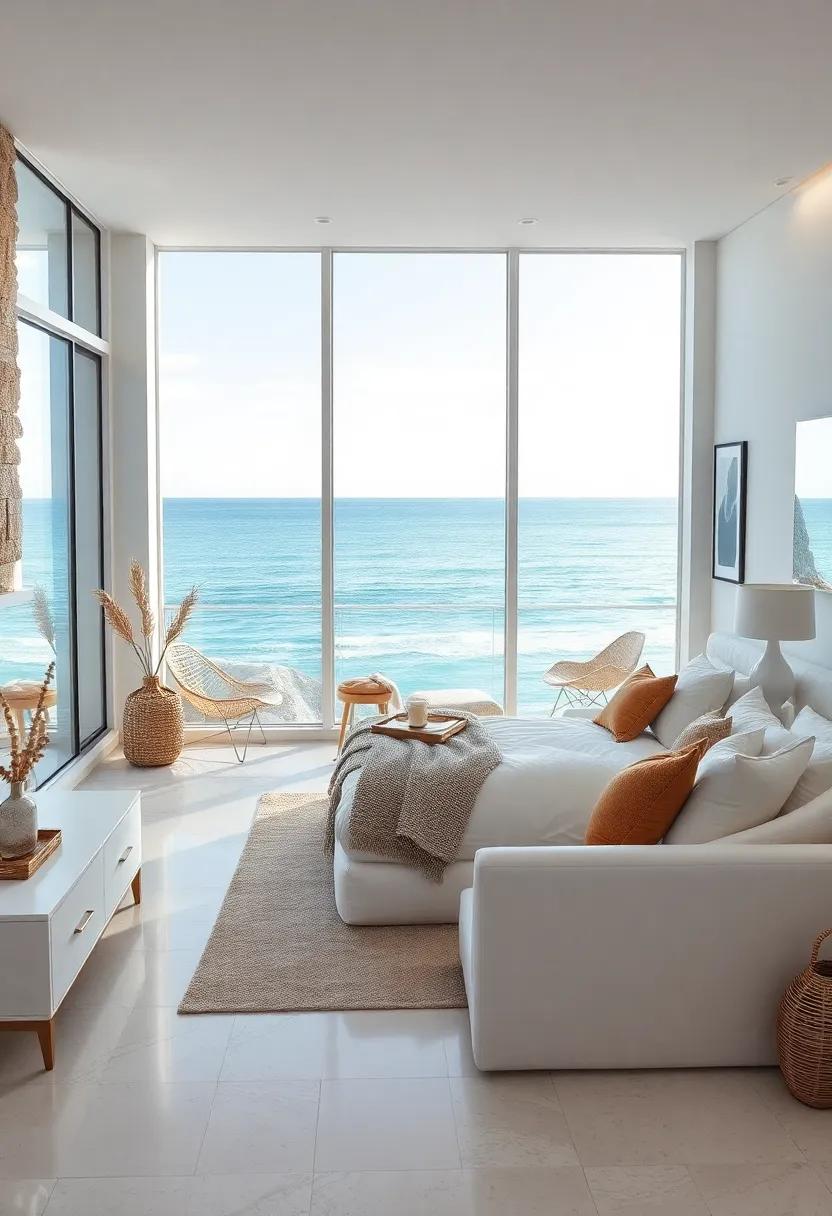 Floor-to-Ceiling Windows Presenting Panoramic Ocean Scenery Reflected In White Lacquer Bedroom Furnishings