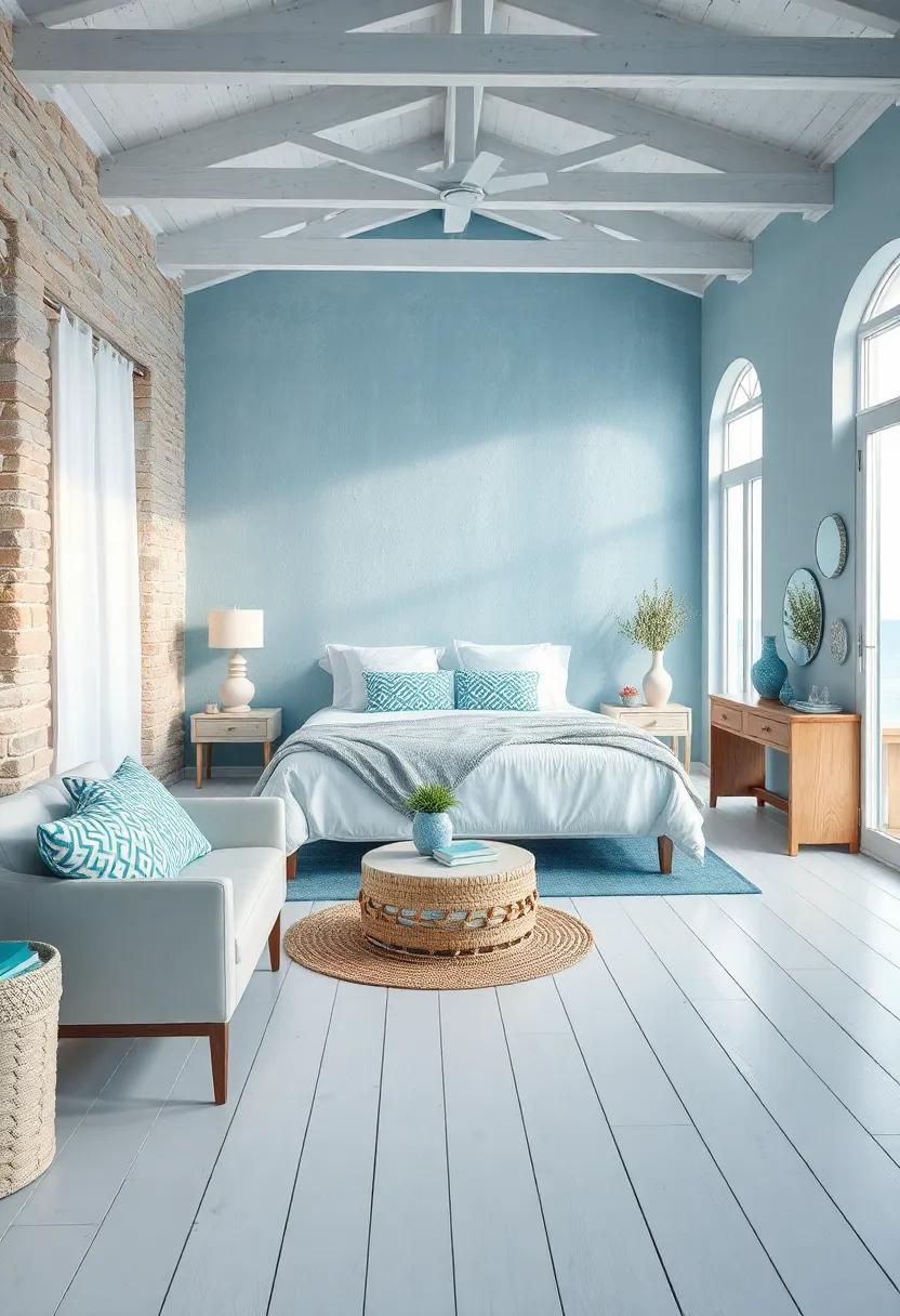 Smooth Whitewashed Floorboards Contrasting With Textured Ocean-Inspired Blue And Aqua Walls